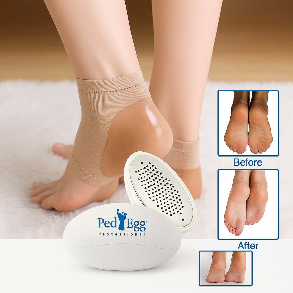 Ayak Bakım Paketi – Ped Egg Topuk Törpüsü + Silikon Topuk Nemlendirici Çorap Seti | Çatlak Karşıtı, Yumuşatma ve Spa Etkili