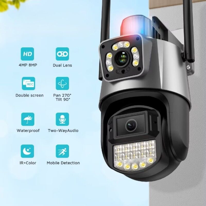 Çakarlı Çift Lensli Dış Mekan Güvenlik Kamerası 8MP Gece Görüşlü PTZ 360° IP66 Su Geçirmez Alarm Özellikli Kamera